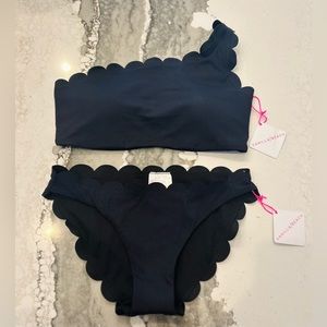 Vanilla/Beach Black Ribbed Scallop One Shoulder Swim Bikini Top & Bottoms Set